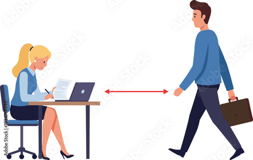 Workplace gender pay gap concept with businesswoman at desk and businessman walking away, salary inequality illustration
