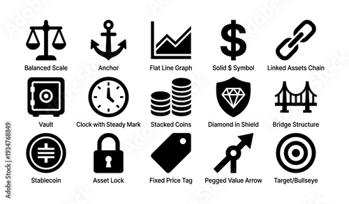 Financial icons collection featuring scale, anchor, dollar, and more