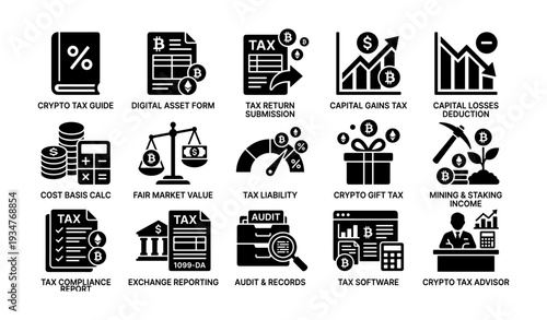 Cryptocurrency tax icons: guide, reporting, audit, software tools, compliance overview
