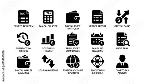 Tax and cryptocurrency management icons collection for financial reporting