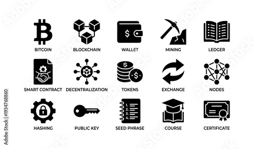 Cryptocurrency symbols: bitcoin, blockchain, wallet, mining icons guide