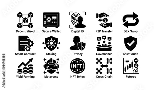 Blockchain icons: decentralized wallets, digital id, p2p transfers, dex swap, smart contracts