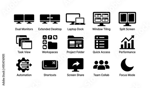 Icon set illustrating tech features: dual monitors, laptop dock, screen share, automation, focus mode