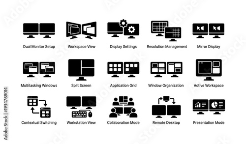 Icon set for screen management and workspace organization tools