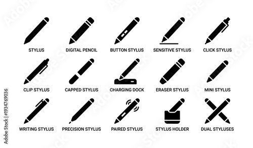 Stylus icons set: digital, button, sensitive, mini, writing, charging dock, holder