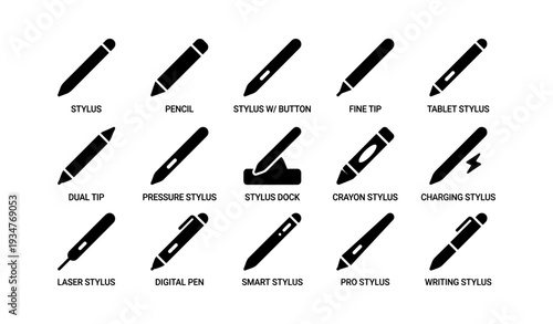 Vector icons of various stylus types and pencil designs in black silhouette