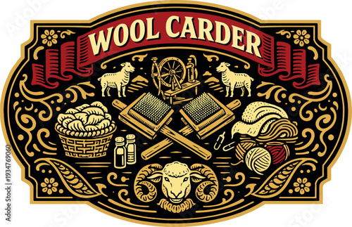 Wool Carder Vintage Craft Badge Vector Art