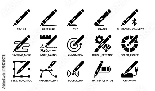 Digital stylus icons: drawing, annotation, tools, and connectivity features