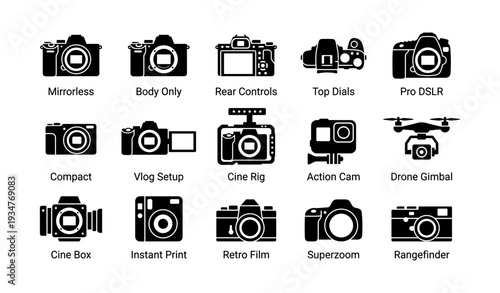 Collection of camera icons: mirrorless, pro dslr, drone gimbal, retro film, action cam