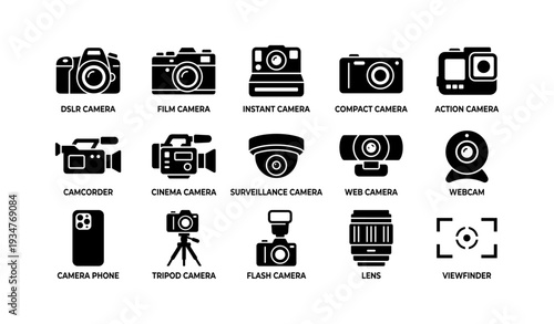 Various types of cameras and accessories: dslr, film, instant, compact, action, camcorder, web, surveillance