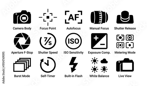 Icon set depicting camera and photography functions and settings