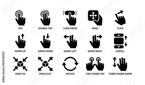 Gesture icons: tap, swipe, pinch, scroll, rotate
