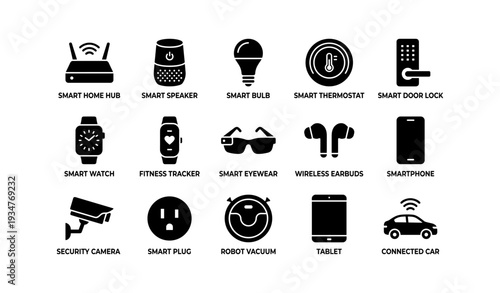 Smart technology icons: home automation and wearable devices