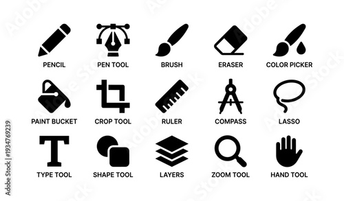 Set of 16 graphic design tool icons in black silhouette style