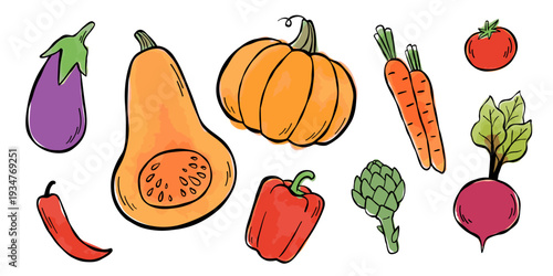 Clip art collection of different vegetables. Eggplant, pumpkins, chili pepper, bell pepper, carrots, tomato, artichoke, beetroot. Vector sketch line illustration with watercolor stains.