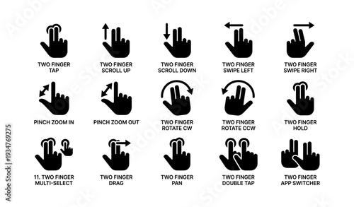 Touchscreen gesture icons: tap, swipe, pinch, rotate for mobile devices