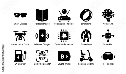 Futuristic technology icons: smart glasses, quantum processor, vr headset, neural link, autonomous drone