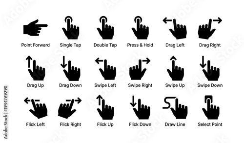 Touchscreen gesture icons: swipe, tap, drag, flick, point actions guide