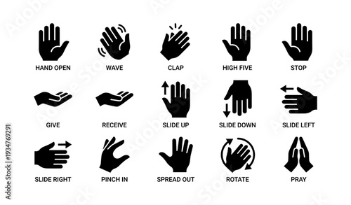 Hand gesture icons: open, wave, clap, high five, stop, give, receive, praying