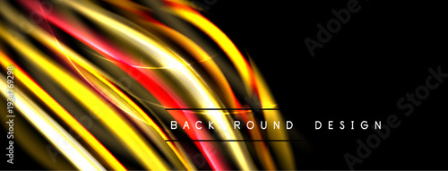Dynamic lines create vibrant abstract flow. Gold, red, yellow hues blend against black backdrop. Modern design element.