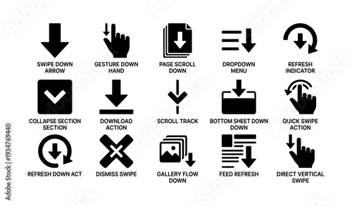 Black gesture and navigation icons set for ui design