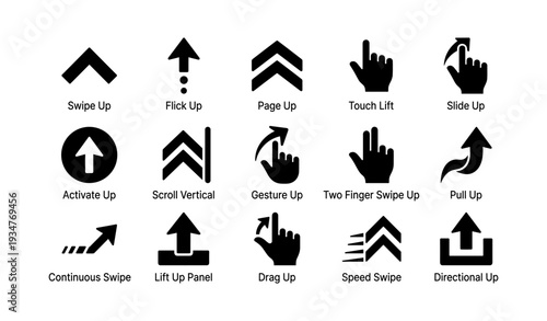 Swipe icons set with gesture arrows and hand symbols for touch navigation