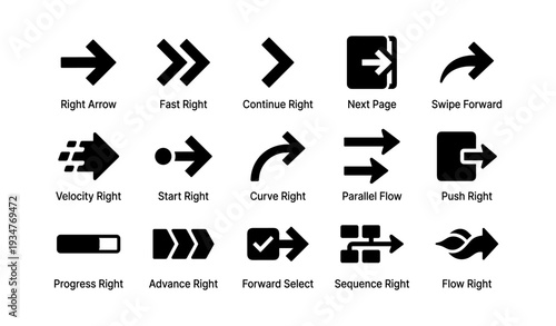 Set of black arrow icons indicating rightward movement and navigation