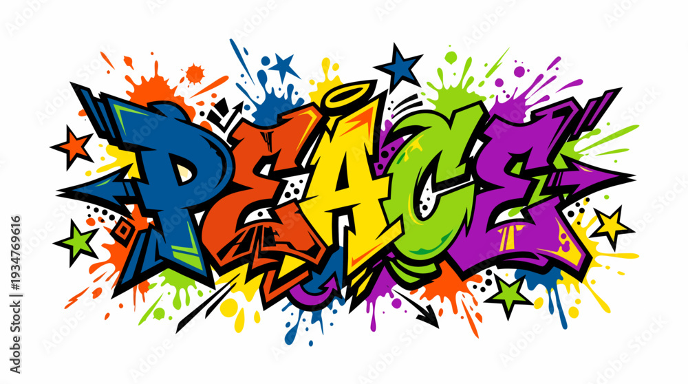 Fototapeta premium Vibrant graffiti artwork depicting the word peace in a dynamic, multicolored, splattered style