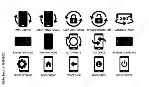 Device orientation and navigation icons for mobile settings and controls