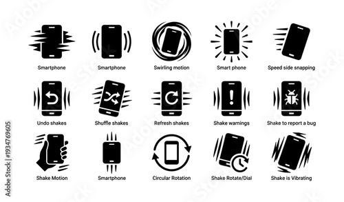 Smartphone icon set depicting motion shakes and rotations