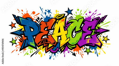 Vibrant graffiti artwork depicting the word peace in a dynamic, multicolored, splattered style