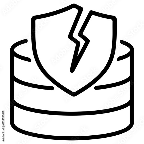 Broken security shield over database icon, concept of data breach, compromised security, or failed protection for digital storage and information systems