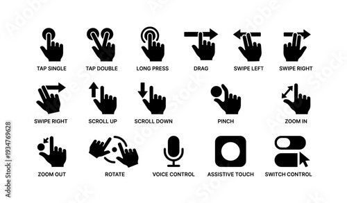 Gesture icons: swipe, pinch, zoom, rotate, voice control, touch interaction
