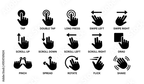 Touch gesture icons: tap, swipe, scroll, pinch, rotate, drag, flick, shake