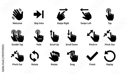 Hand gesture icons: swipe, tap, pinch, rotate, scroll, replay