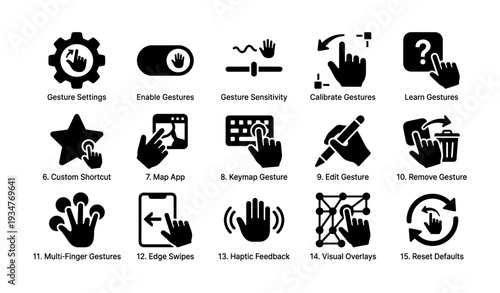 Touchscreen gesture controls icons: settings, calibration, feedback, custom shortcuts, and more