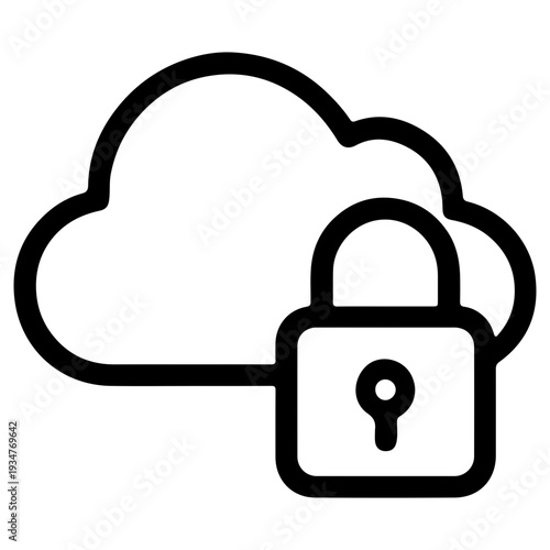 Cloud security icon with padlock, secure data storage and network protection concept, simple outline vector illustration