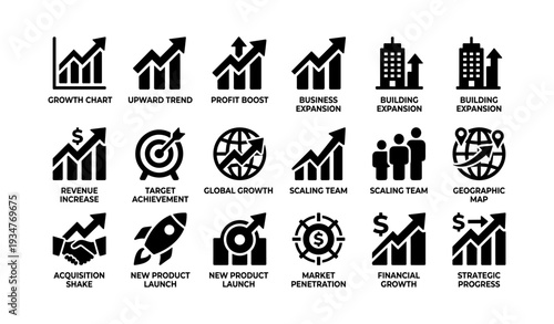 Business growth and expansion icons set featuring charts and strategies