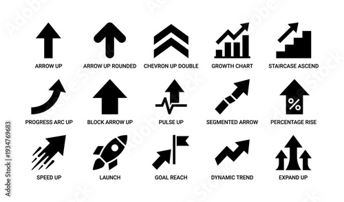 Set of 16 black arrow and trend icons for business growth and progress illustration