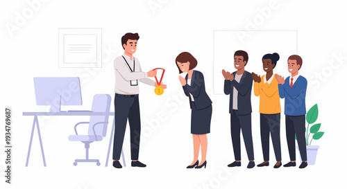 Awards ceremony in a modern office with colleagues celebrating a winner