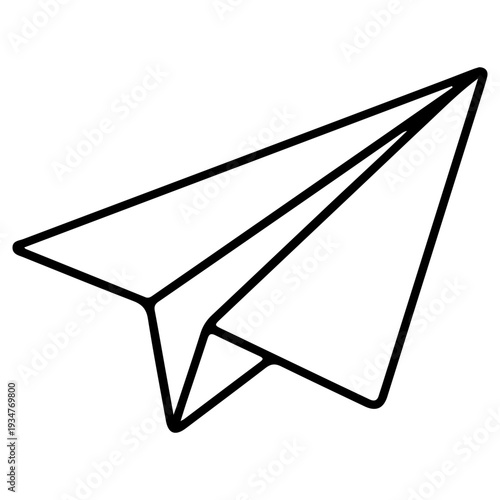 Simple black and white line art drawing of a paper airplane in flight, a