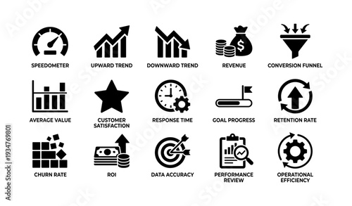 Business metrics icons: speedometer, trends, revenue, funnel, roi, accuracy, and efficiency