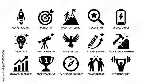 Motivational icons set: growth, achievement, resilience, inspiration, progress