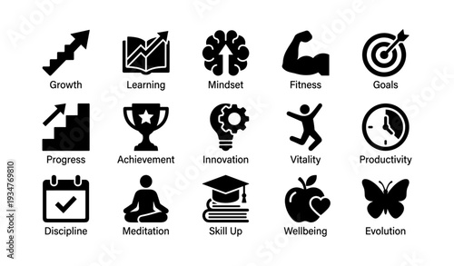 Icons depicting growth, learning, mindset, fitness, and achievement concepts
