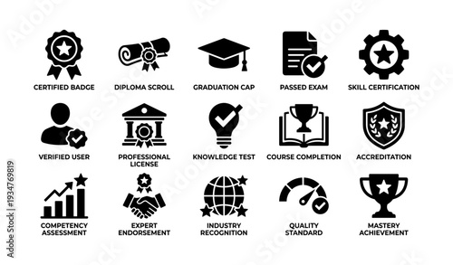 Education and achievement icons: certified badge, diploma, graduation cap, exam, skill accreditation