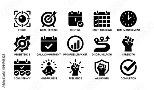 Icons for focus, goal setting, routine, and time management