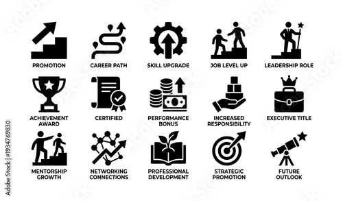 Career advancement icons: promotion, skill upgrade, leadership, networking, development