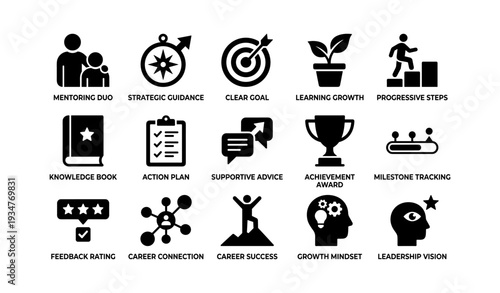 Mentoring and achievement icons: strategy, growth, guidance, milestones, leadership