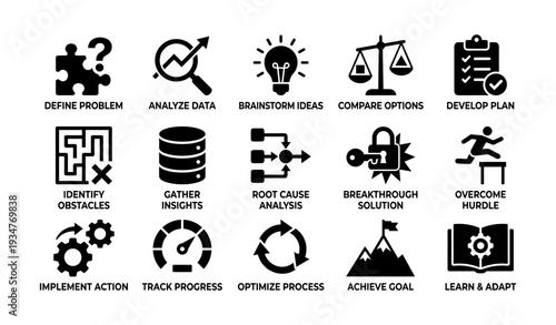 Icons illustrating problem solving and project management strategies