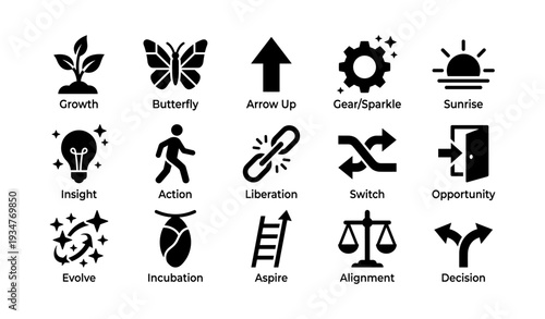 Icons symbolizing growth, change, and opportunity: butterfly, gear, sunrise, and more